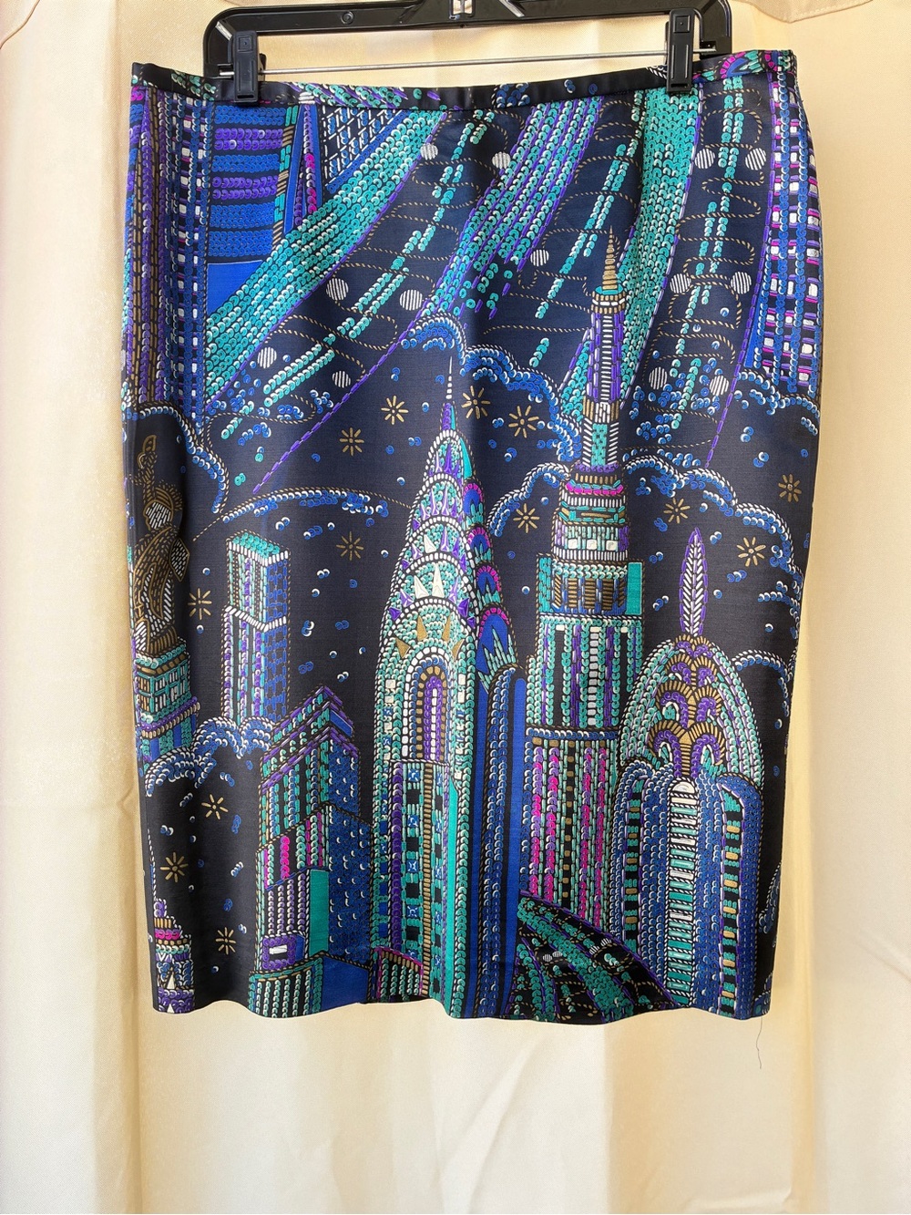 Vintage Louis Feraud New York City Cityscape Wool & Silk Size 12 Skirt